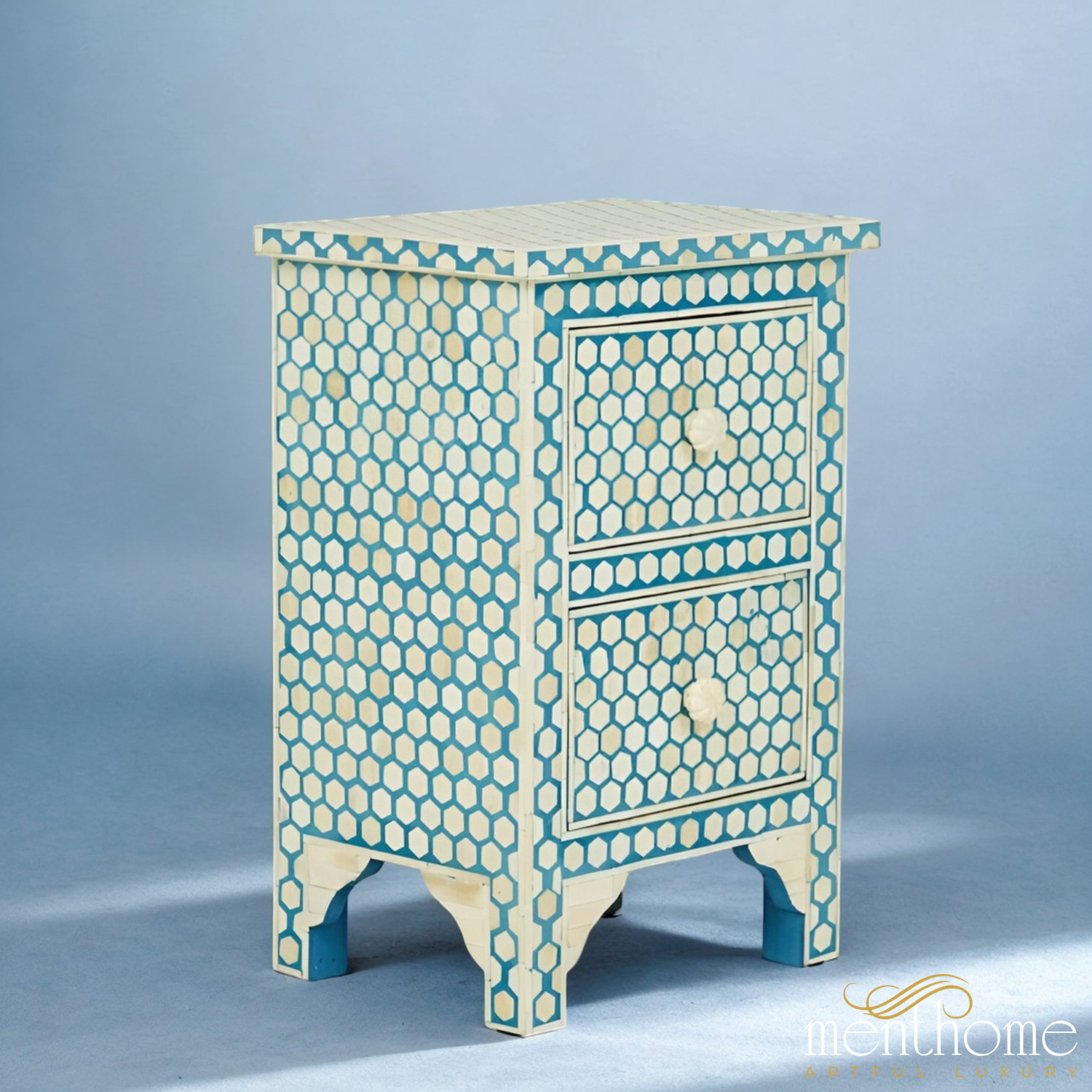 Hexagonal Design 2 Drawers Bedside Table Teal Blue | Luxury Handmade Bedside Table