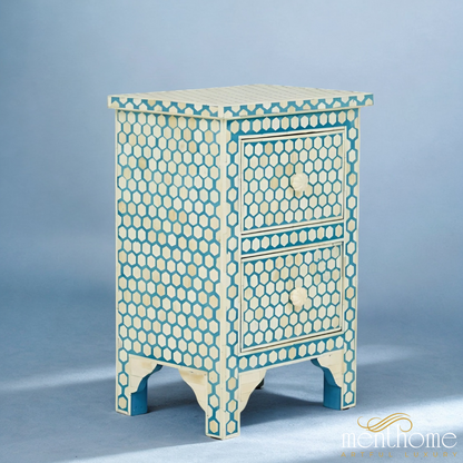 Hexagonal Design 2 Drawers Bedside Table Teal Blue | Luxury Handmade Bedside Table