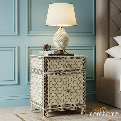 Elegant Two-Drawer Bedside Table with Hexagonal Pattern | Luxury Handmade Bedside Table