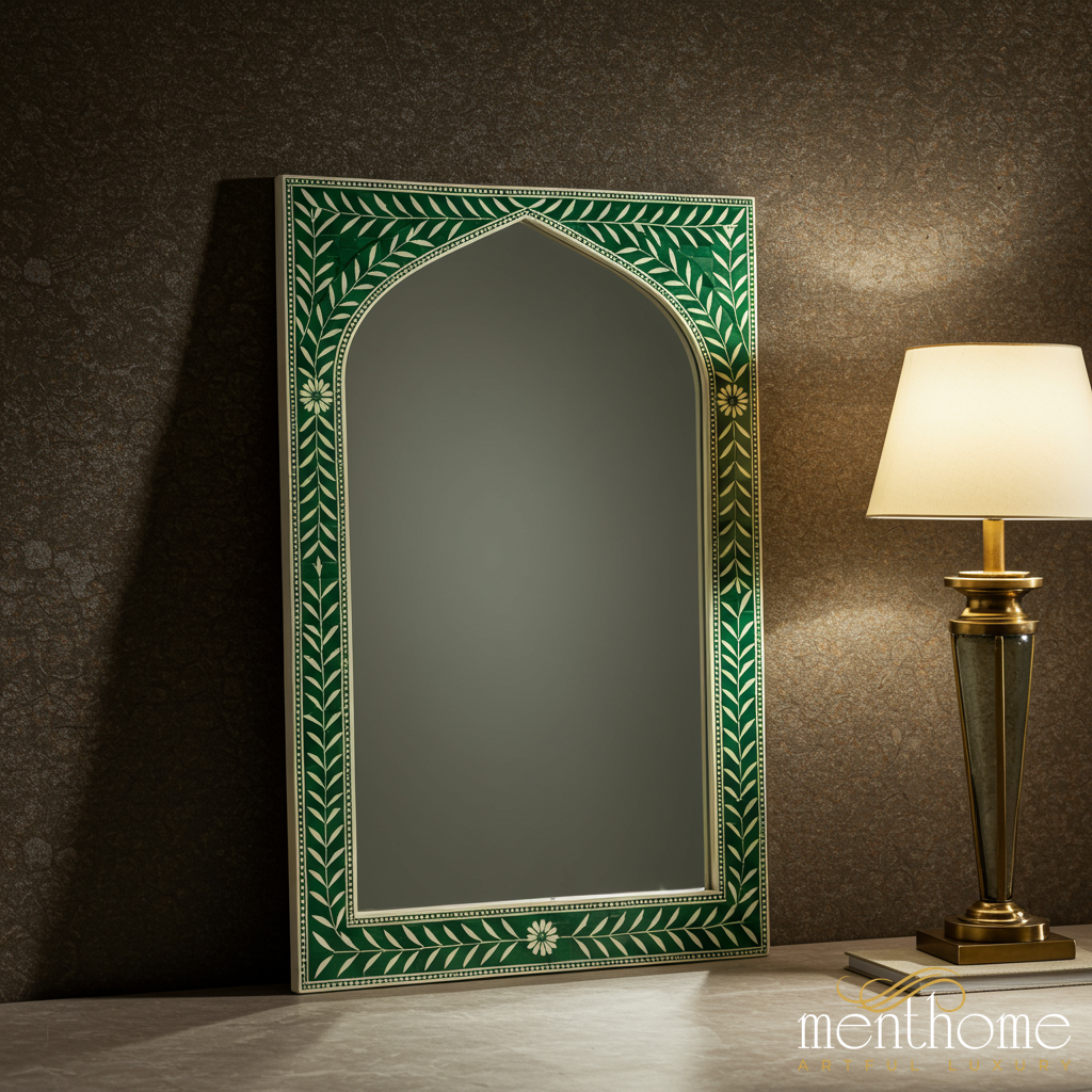 Elegant Green Inlay Arch Mirror | Luxury Handmade Mirror
