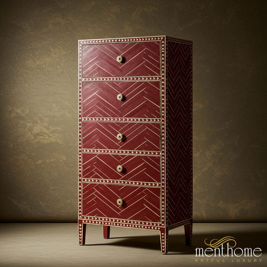 Red Wooden Tall Chest of Drawers with Geometric Inlay Design | Luxury Handmade Tallboy