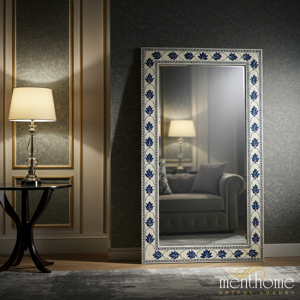 Elegant Blue Floral Patterned Floor Mirror | Luxury Handmade Mirror