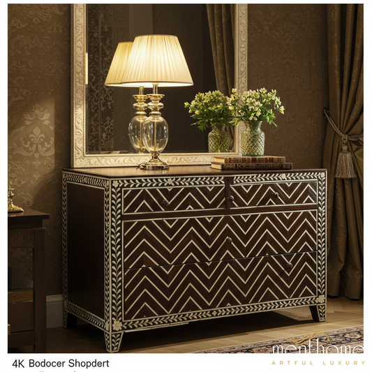 Vintage Geometric Bone Inlay Chest of Drawers | Luxury Handmade Dresser