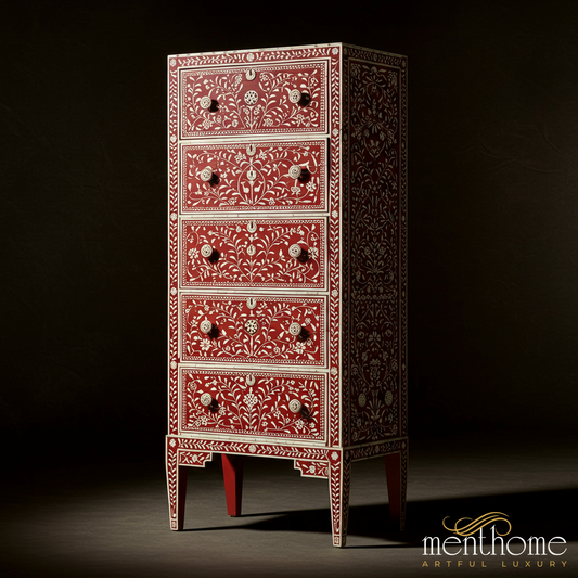 Handcrafted Red Bone Inlay Floral Pattern Tall Chest of Drawers | Luxury Handmade Tallboy