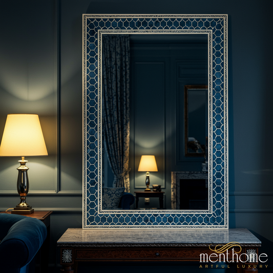 Elegant Blue Decorative Wall Mirror with Intricate Patterned Frame | Luxury Handmade Mirror