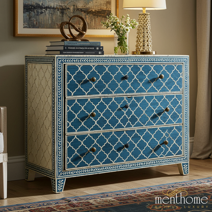Vintage Blue Patterned Three-Drawer Chest | Luxury Handmade Dresser