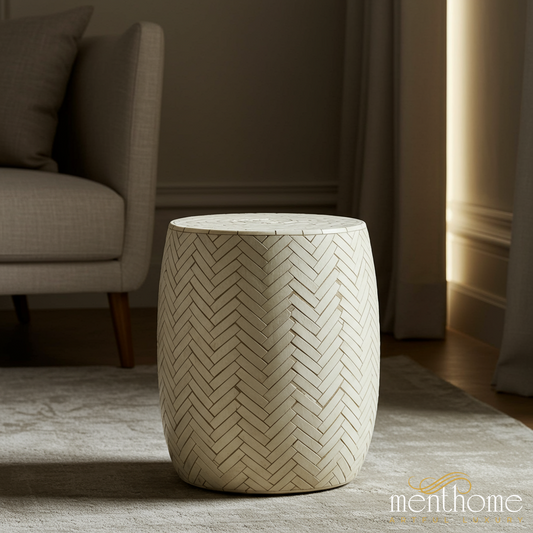 Modern Ceramic Accent Table with Herringbone Pattern | Luxury Handmade Stool