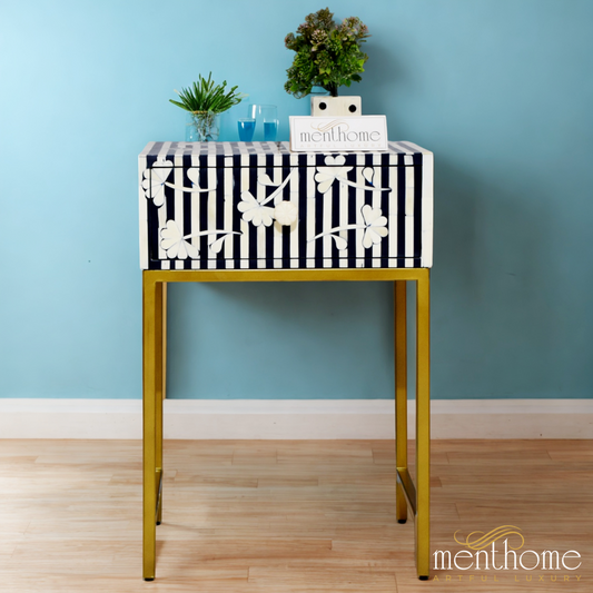 Bone Inlay Floral Waterfall Bedside table Navy Blue with Brass Leg | Luxury Handmade Bedside Table