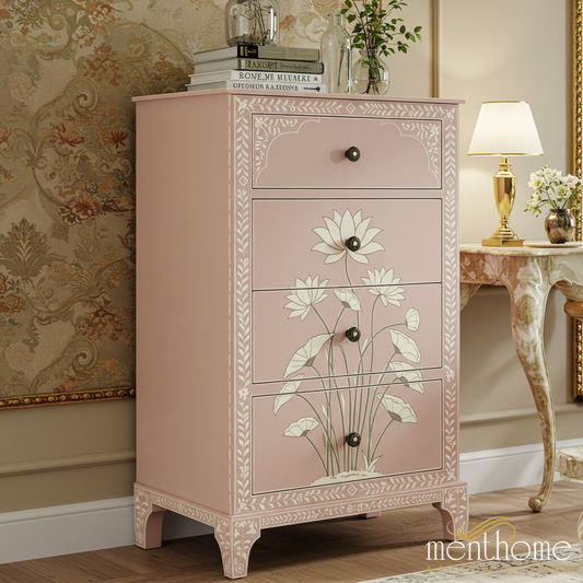 Hand-Painted Floral Pink Chest of Drawers | Luxury Handmade Tallboy