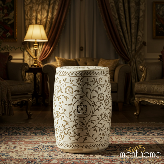Decorative Floral Pattern inlay Garden Stool | Luxury Handmade Stool