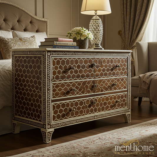 Vintage Wooden Chest of Drawers with Inlaid Geometric Design | Luxury Handmade Dresser