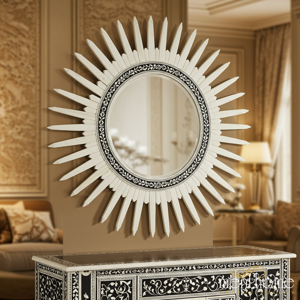Decorative Sunburst Wall Mirror with Embossed Frame | Luxury Handmade Mirror