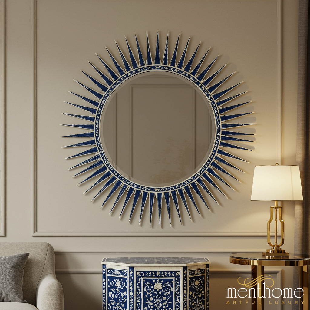 Blue Sunburst Decorative Wall Mirror | Luxury Handmade Mirror