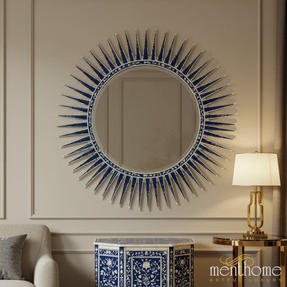 Blue Sunburst Decorative Wall Mirror | Luxury Handmade Mirror