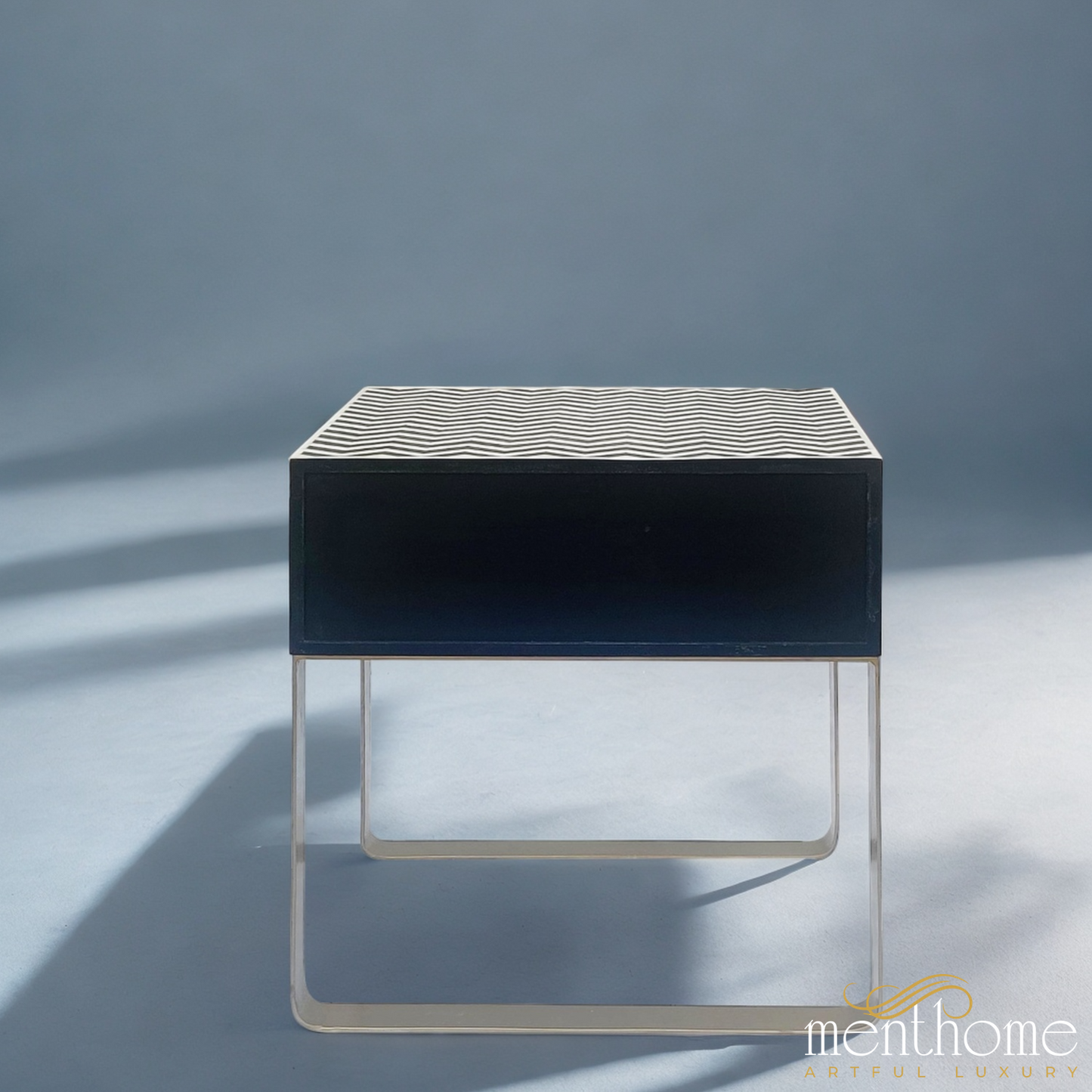 Chevron Pattern Bedside Table with Metal Base | Luxury Handmade Bedside Table