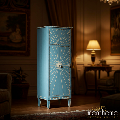 Elegant Blue Wooden Storage Cabinet with Sunburst Design | Luxury Handmade Tallboy