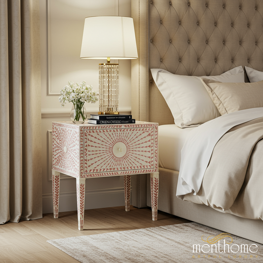 Vintage-Inspired Pink and White Patterned Wooden Nightstand | Luxury Handmade Bedside Table
