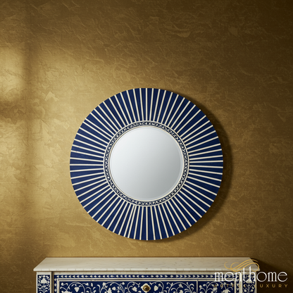 Decorative Round Wall Mirror with Blue and White Frame | Luxury Handmade Mirror