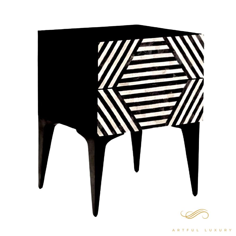 Handmade Inlay Modern Striped Bedside | Luxury Handmade Bedside Table