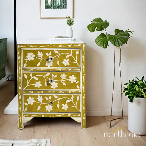 Floral Design Bone Inlay Bedside Table | Luxury Handmade Bedside Table
