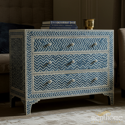 Handcrafted Blue Bone Inlay Chevron Pattern Chest of Drawers | Luxury Handmade Chest of Drawer