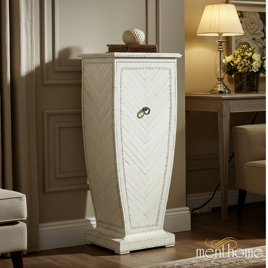 Tall White Wooden Storage Cabinet with Chevron Pattern | Luxury Handmade Tallboy