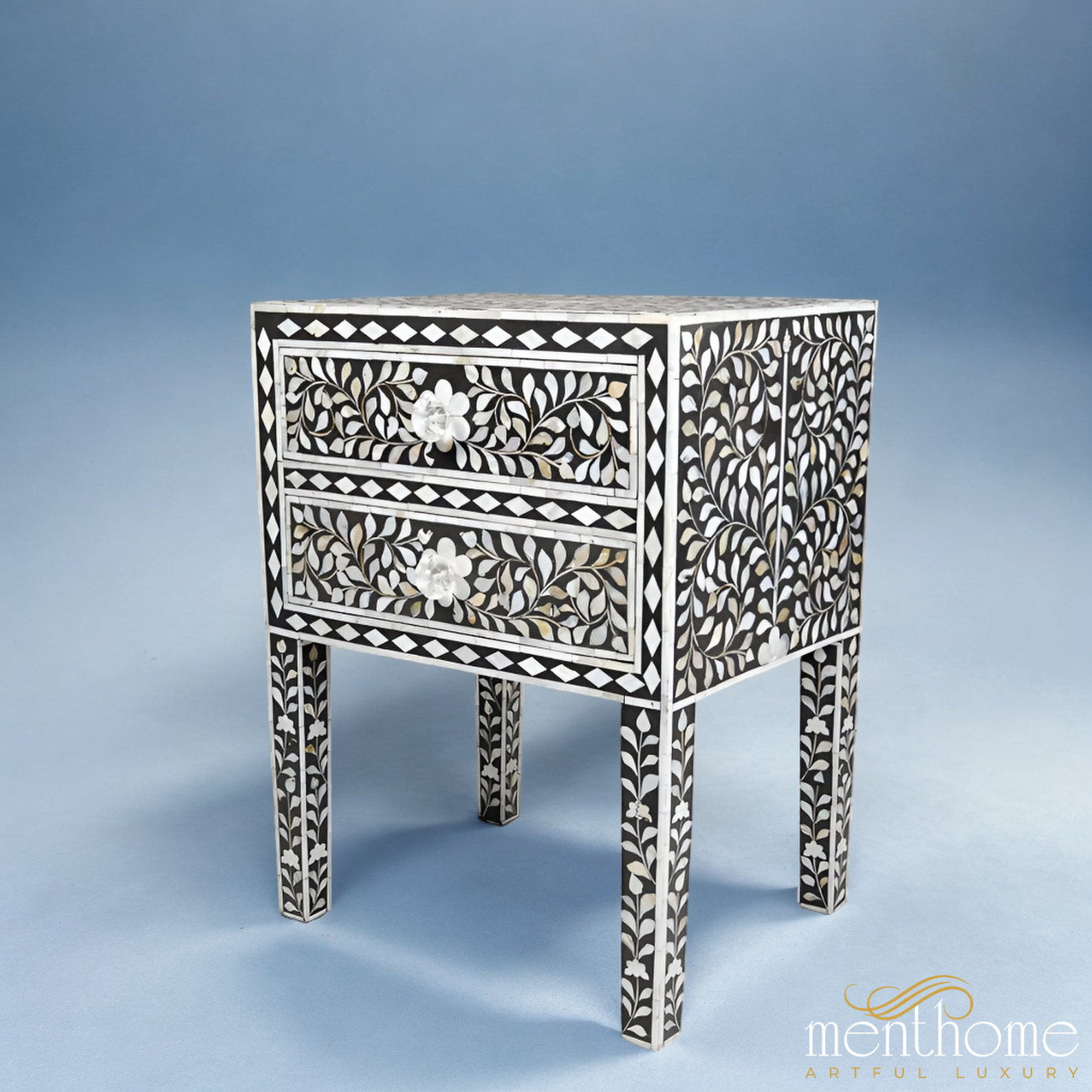 Mother of Pearl floral Dark Grey Bedside table | Luxury Handmade Bedside Table
