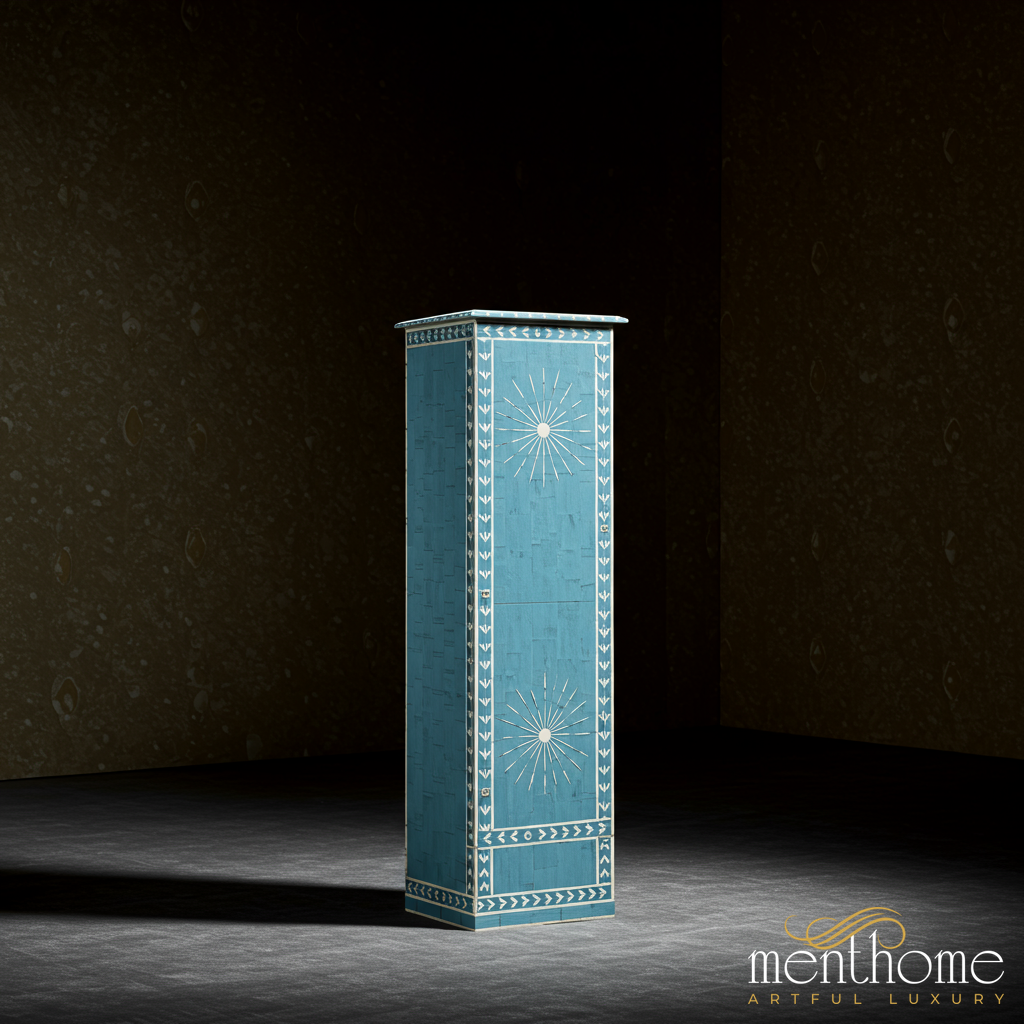 Blue Decorative Tall Storage Cabinet with Sunburst Design | Luxury Handmade Tallboy