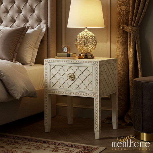 Elegant Carved Wooden Nightstand with Single Drawer | Luxury Handmade Bedside Table