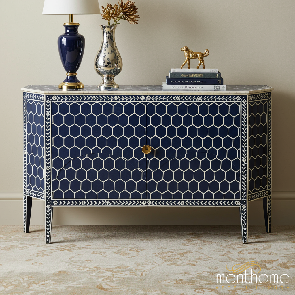 Navy Blue Bone Inlay Sideboard Cabinet | Luxury Handmade Console