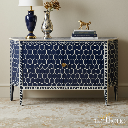Navy Blue Bone Inlay Sideboard Cabinet | Luxury Handmade Console