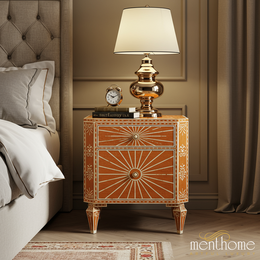 Elegant Vintage-Style Wooden Nightstand with Decorative Inlay | Luxury Handmade Bedside Table