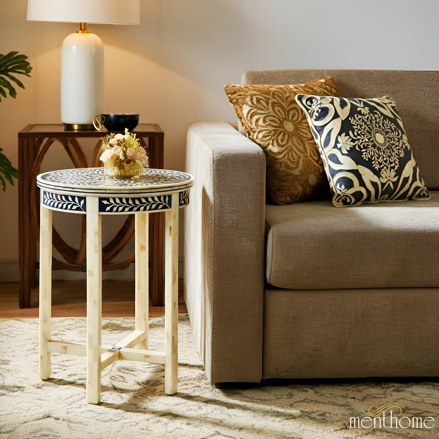 Black Bone Inlay Side Table | Delicate Geometric Motif | Artisan Craftsmanship | Ideal for Living Rooms and Bedrooms | Luxury Handmade Side Table