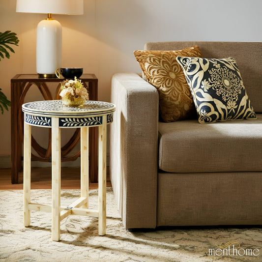 Black Bone Inlay Side Table | Delicate Geometric Motif | Artisan Craftsmanship | Ideal for Living Rooms and Bedrooms | Luxury Handmade Side Table