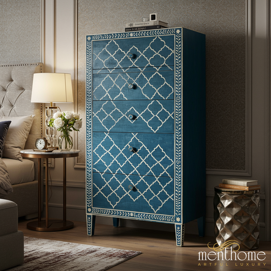 Vintage Blue Patterned Wooden Chest of Drawers | Luxury Handmade Tallboy