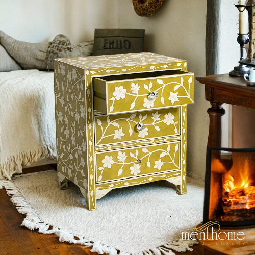 Floral Design Bone Inlay Bedside Table | Luxury Handmade Bedside Table