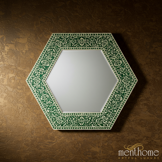 Elegant Octagonal Green and White Decorative Mirror | Luxury Handmade Mirror