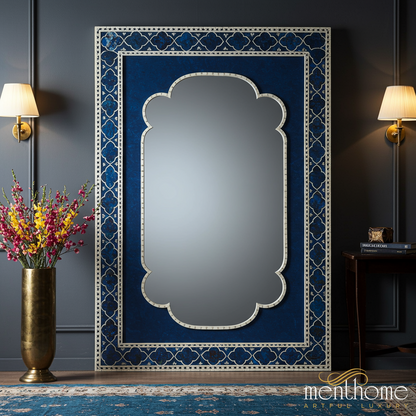 Elegant Blue and Silver Decorative Wall Mirror | Luxury Handmade Mirror