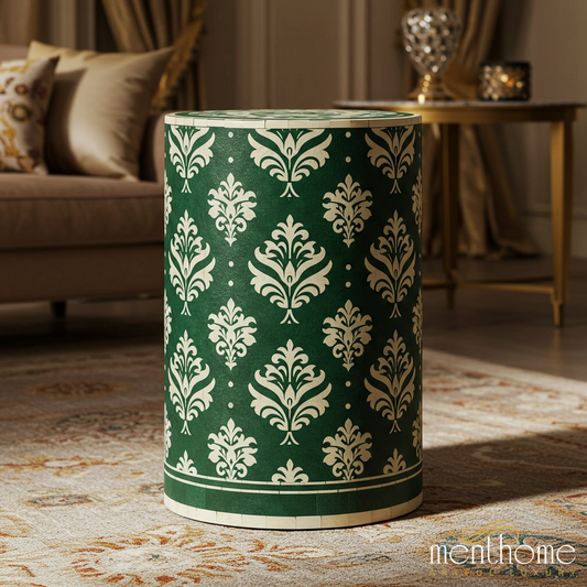 Green and Cream Patterned Decorative Side Table | Luxury Handmade Stool