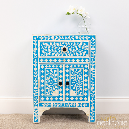 Handcrafted Furniture Bone Inlay Light Blue Bedside Table | Luxury Handmade Bedside Table