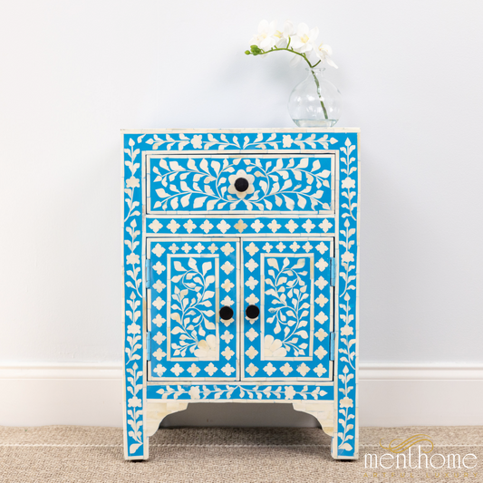Handcrafted Furniture Bone Inlay Light Blue Bedside Table | Luxury Handmade Bedside Table