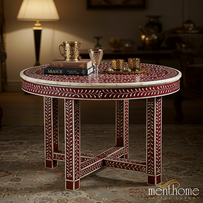 Handcrafted Red Bone Inlay Round Coffee Table | Luxury Handmade Coffee Table