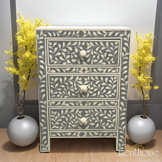 Leaf Design Light Grey and White Resin Bedside Table | Luxury Handmade Bedside Table
