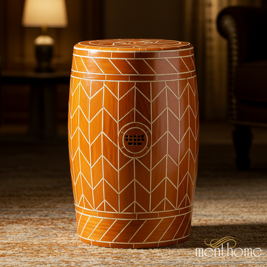 Decorative Wooden Garden Stool with Geometric Inlay | Luxury Handmade Stool