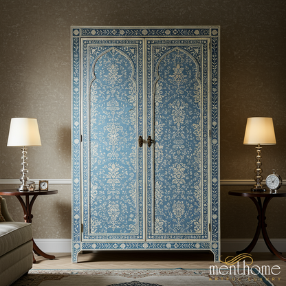 Elegant Blue Floral Patterned Wooden Wardrobe | Luxury Handmade Wardrobe