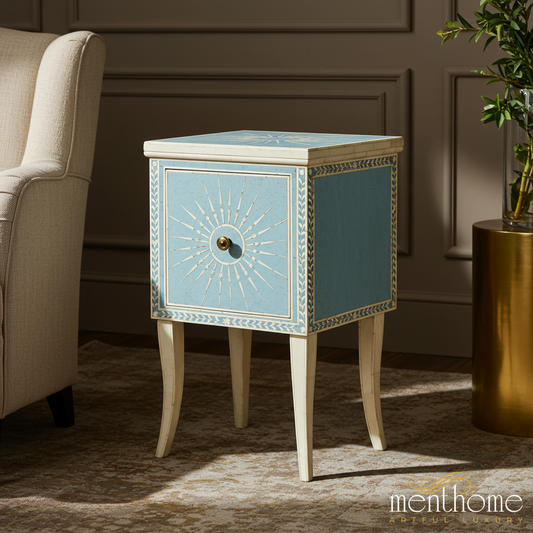 Vintage Style Blue Accent Side Table with Decorative Inlay | Luxury Handmade Bedside Table