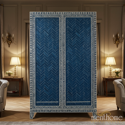 Elegant Blue Inlay Storage Cabinet | Luxury Handmade Wardrobe