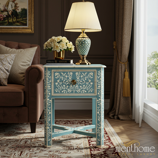 Vintage Blue Floral Accent Side Table | Luxury Handmade Bedside Table