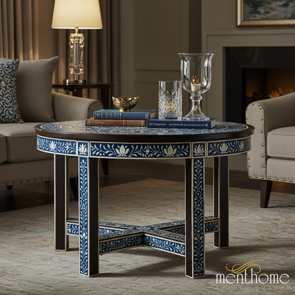 Hand-Painted Blue and White Floral Round Coffee Table | Luxury Handmade Coffee Table