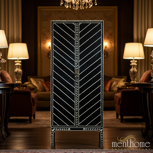 Elegant Black and White Inlay Wooden Cabinet | Luxury Handmade Cabinet